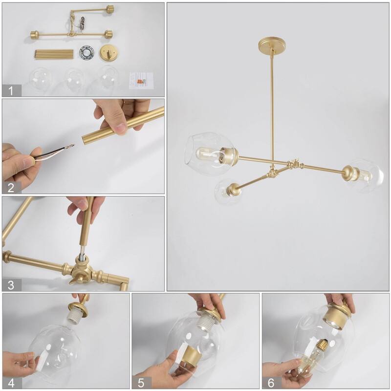 Mid-Century Modern 3-Light Gold Chandelier Hanging Ceiling Pendant Lights for Dining Room - 31.5"W x 29.5"H