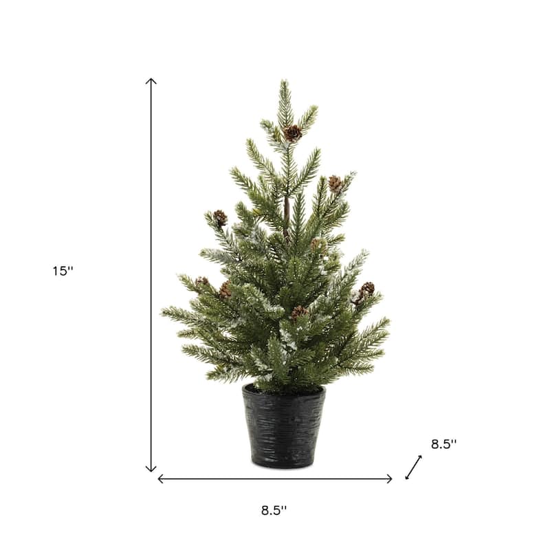 HomeRoots Set of Two 15" Green Mini Artificial Pine Trees With Pinecones In Round Black Metal Pots