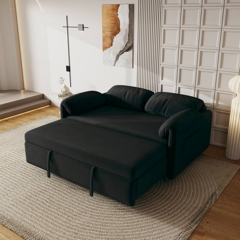 Sofa at the Forefront: 54-inch Velvet Sofa Bed for Multi-purpose Living Spaces, Featuring a Retractable Bed - Black