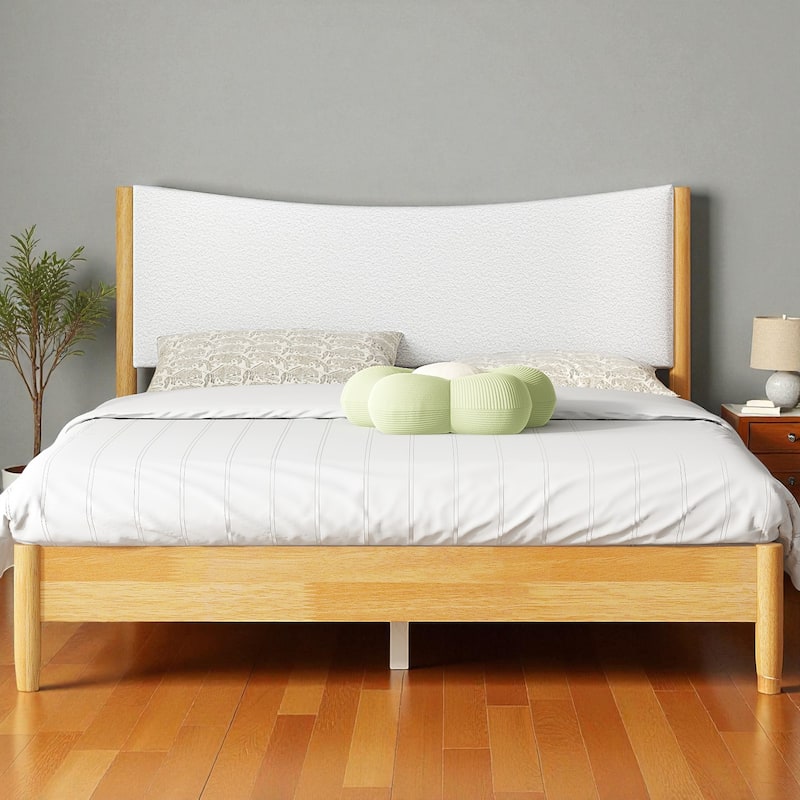 Queen Size Solid Rubber Wood Platform Bed with Boucle Upholstered Headboard and Support Feet, No Box Spring Needed