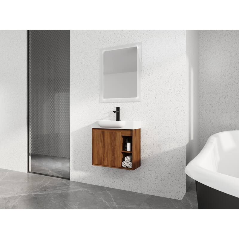 24'' Wall-Mounted Bathroom Vanity with White Ceramic Sink & Soft-Close Door, KD-Packing