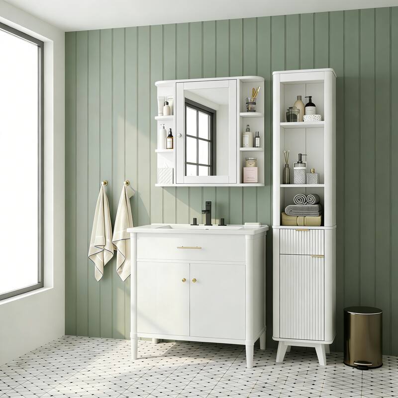 Bathroom Wall Storage Cabinet with Mirror, with Adjustable Wood Shelf & Doors, Mounted Storage Cabinets with 6 Open Shelves