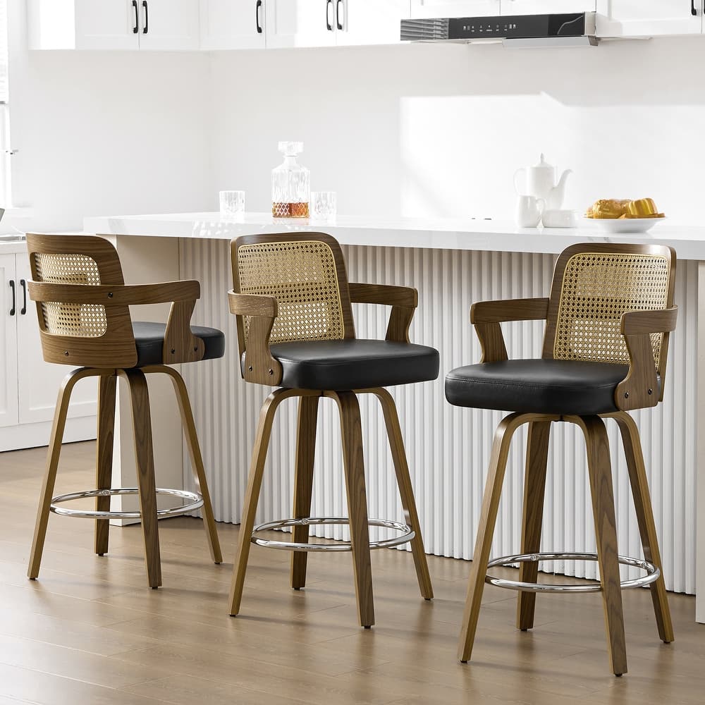 Upholstered Swivel Bar Stool with Arms and Bentwood Legs - 40.8"H x 18.9"W x 19.5"D/19.3"D