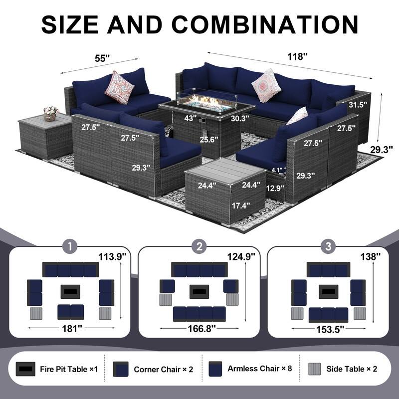 FINCATI Outdoor Grey Wicker Sectional Furniture Patio Sofa Set with Firepit Table