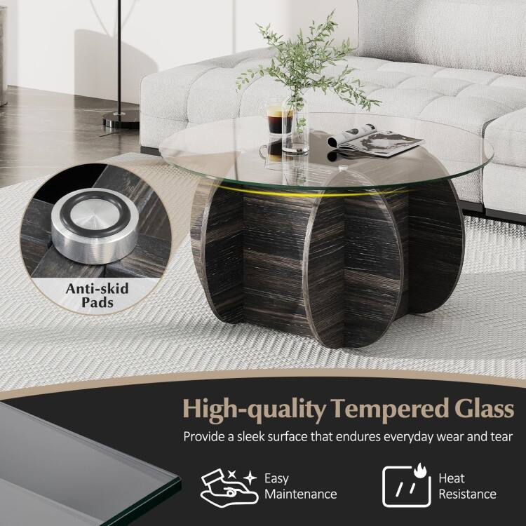 Black Tempered Glass Rubber Wood Round Coffee Table with Hidden Storage - 35" x 35" x 18"