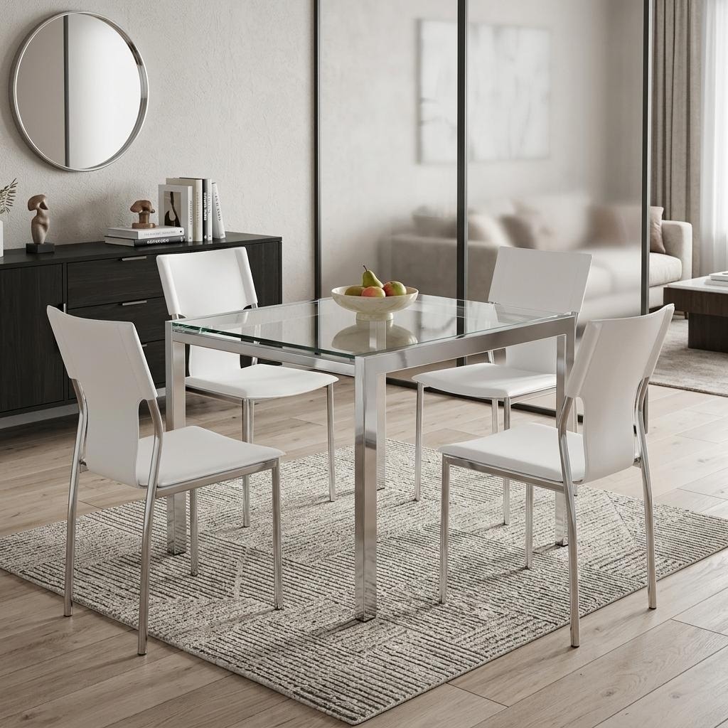HomeRoots Set of Four White and Silver Metal and Leather Dining Side Chairs - 18.00 in. x 33.00 in. x 20.00 in.