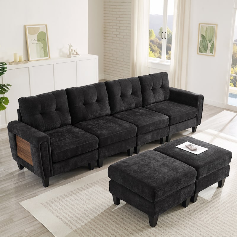 115" U-Shaped Sectional Couch, 6 Seat Upholstered Deep Seat Sofa with Movable Ottomans, USB Ports and Side Tables - Black