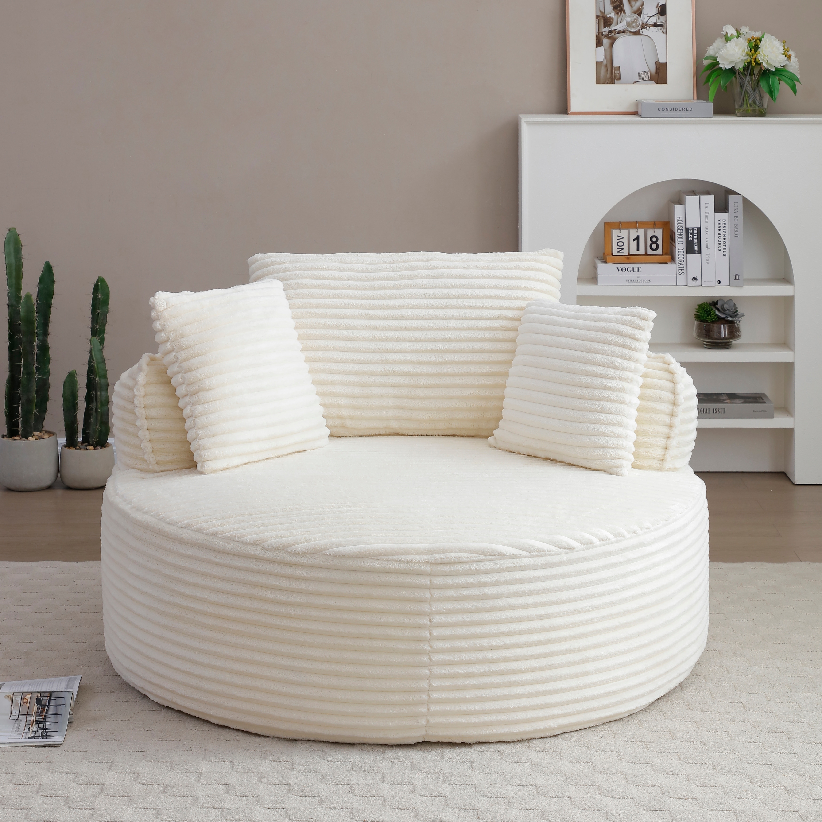 Round Chair, Accent Corduroy Deep Seat Boneless Foam Floor Single Circle Chaise Sofa Chair with 3 Pillows
