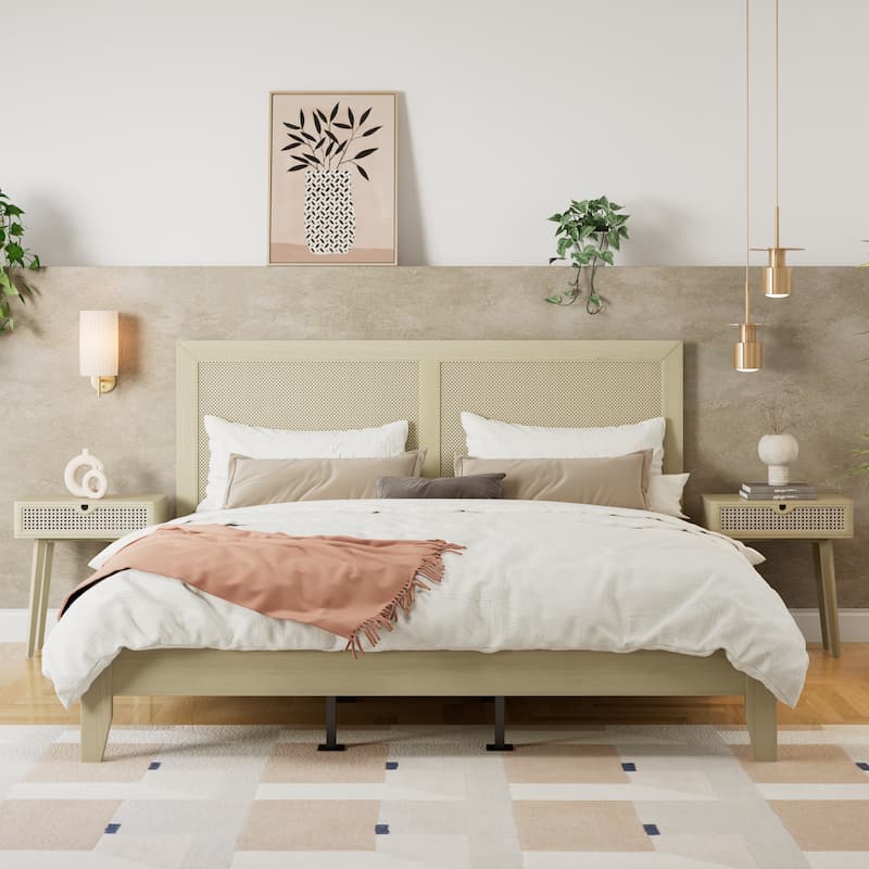 Solid Wood Platform Bed With Rattan