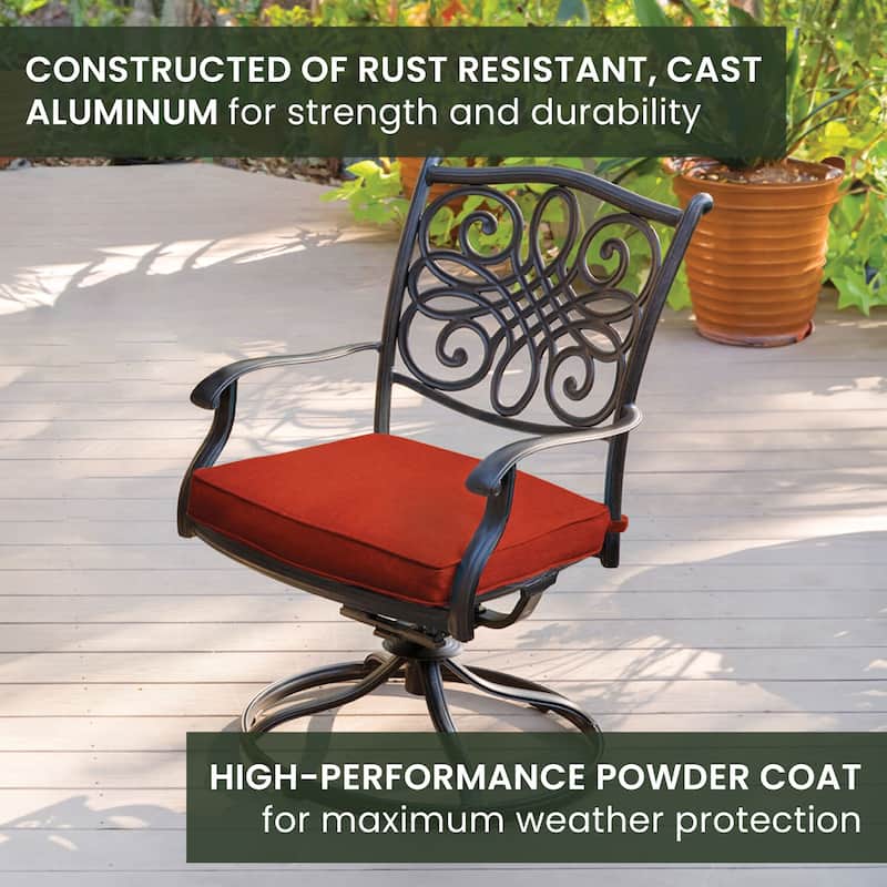 Hanover Traditions 7-Piece Dining Set in Red with a 60 In. Round Cast-top Table and Six Swivel Rockers
