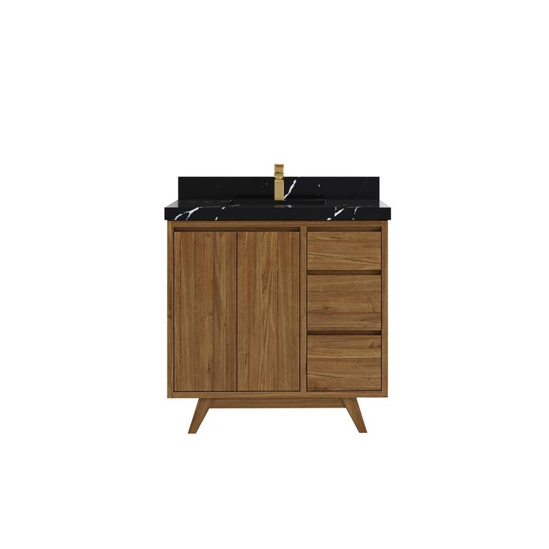 Willow Collections 36 in. W x 22 in. D Madison Teak Center Sink Bathroom Vanity with Countertop - 2"Calacatta Black - Gold Teak