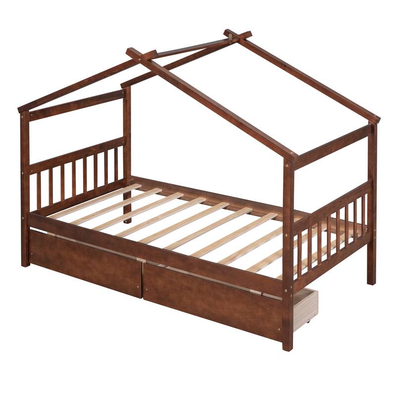 Wooden House Bed with Drawers