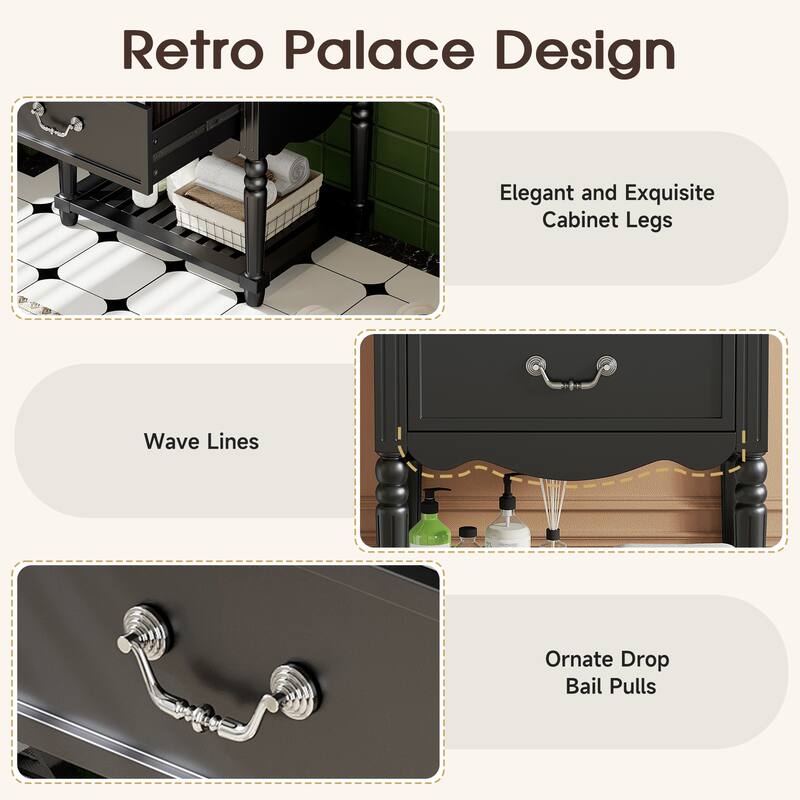 24" Bathroom Vanity with Ceramic Sink, Vintage Wave Design Cabinet with 2 Drawers and Open Shelf