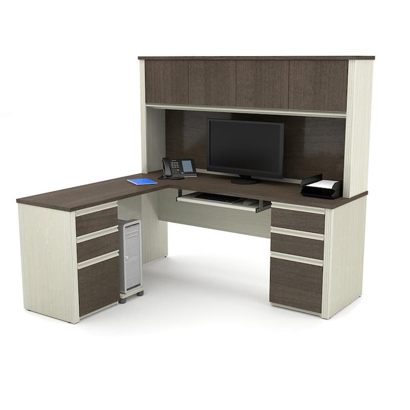 Bestar Prestige Plus L-shaped Desk with Hutch - White Chocolate & Antigua