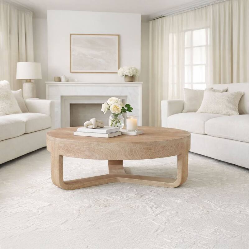 Milan Coffee Table, 32 Inch Round Top, Mango Wood with Sandblasted Natural Brown, Open Sled Base