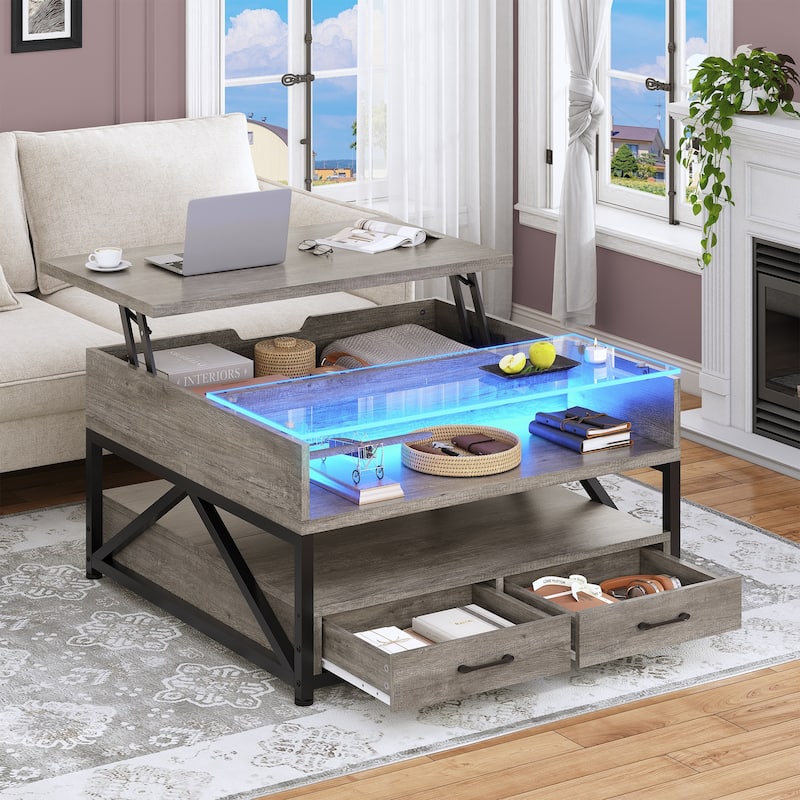 Coffee Table Lift Top 2 Drawers Hidden Compartment for Living Room