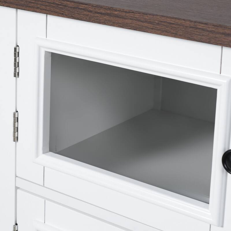 54.9" Kitchen Island with Drop Leaf, Power Outlet, with 4 Door Shelves, Cross Barn Doors & Visual Glass Door on 4 Wheels