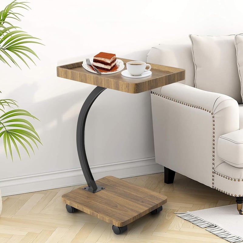 C-Shaped Side Table with Wheels, End Table for Small Spaces - Brown