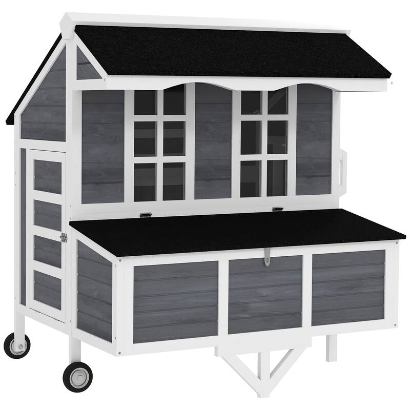 PawHut 43" Chicken Coop with Wheels, Mobile Chicken House with Nesting Box, Windows, Pull-out Tray, Perches - Grey