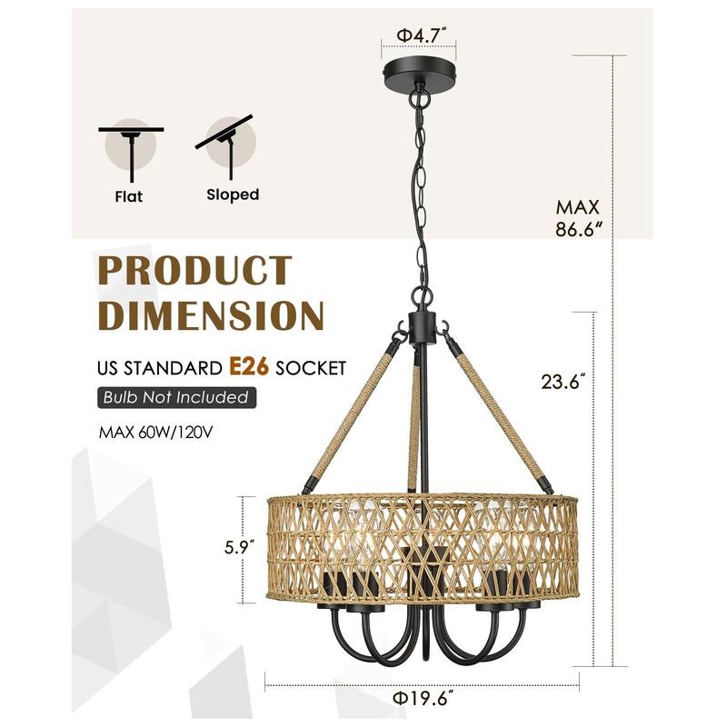 Boho Chandelier, Rattan Pendant Light