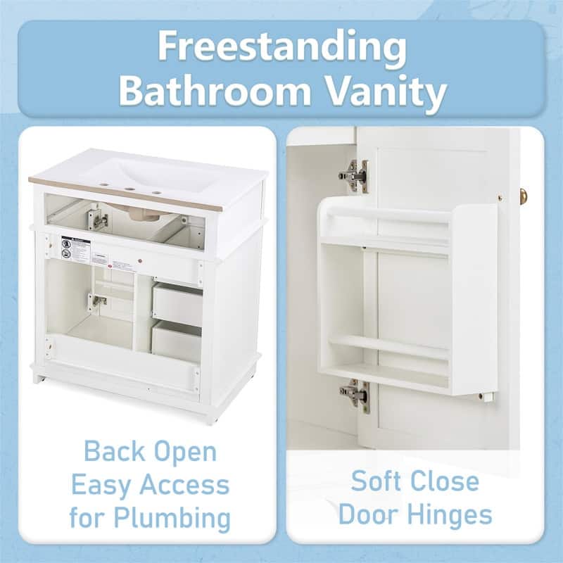 30" Bathroom Vanity with Ceramic Sink, Bathroom Vanity Cabinet with 3 Drawers, 1 Tip-out Drawer, Door Shelf & Soft Closing Door