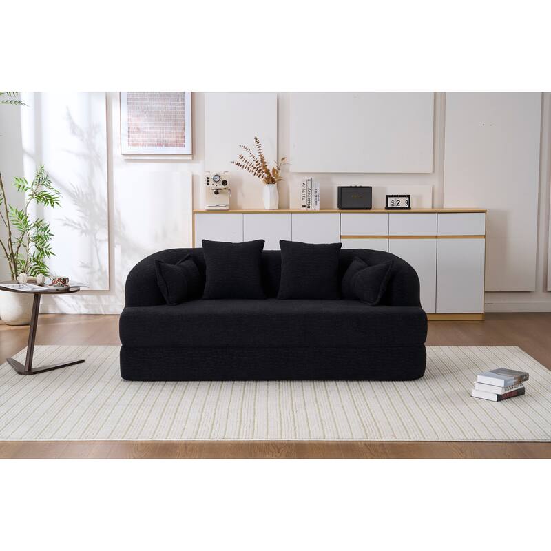 Modern 2-in-1 2-Seater Sofa Folding Sofa Bed with 4 Pillows, Chenille Fabric, High-Density Foam, for Apartment Living Rooms