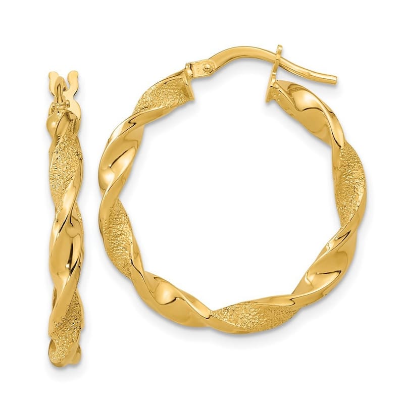 Curata 14k Yellow Gold Polished and Textured Twisted 25.75x3mm Hoop Earrings