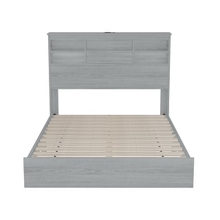 Queen Vintage Platform Bed with Storage Headboard and Charging Station