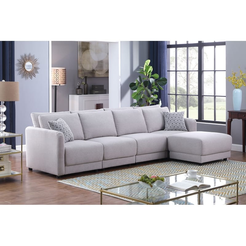 Penelope Light Gray Linen Fabric 4-Seater Sofa with Ottoman & Pillows