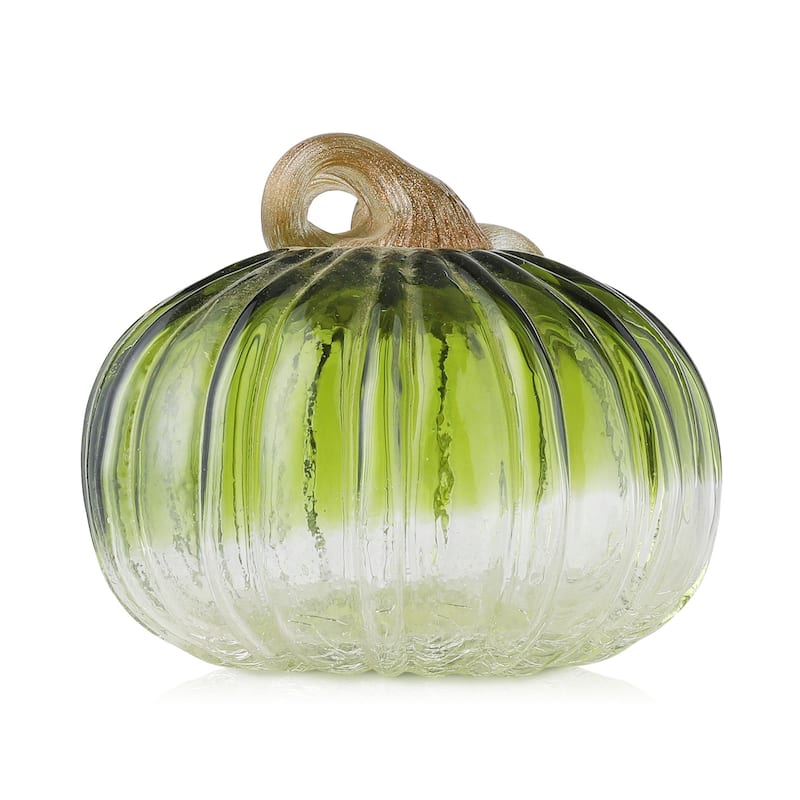 Glitzhome 6"D Green Amber Crackle Hand Blown Glass Pumpkins for Fall Harvest Halloween
