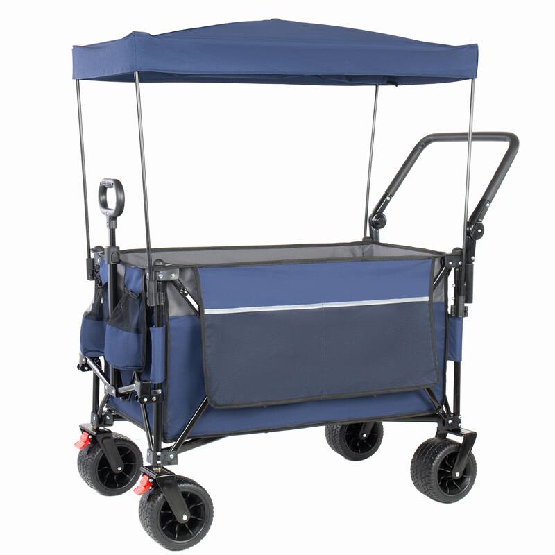 Multi-Functional Push-Pull Folding Wagon Cart with Rotating Handle & Canopy,7"x4"All-Terrain Wheels & Brakes,300L Large Capacity