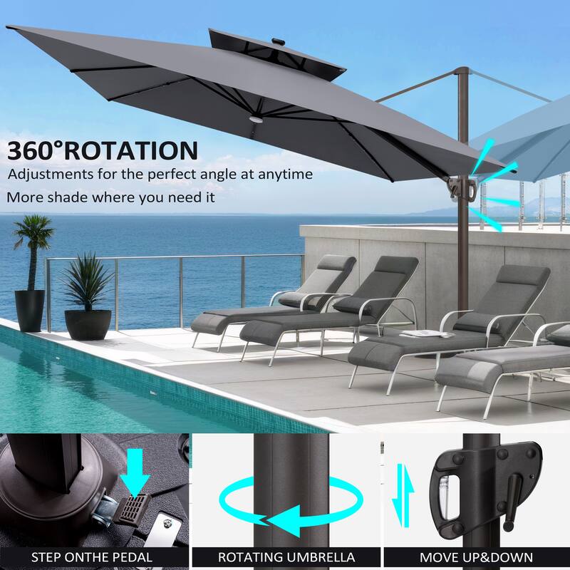 11 FT Square Outdoor Patio Cantilever Umbrella with Solar Lights Rod Wheel Base Double Canopy 360 Rotation Tilt