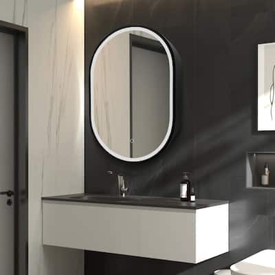 21 in. W x 31 in. H Oval Surface Mount Black Bathroom Medicine Cabinet with Mirror with LED Light and Anti-Fog