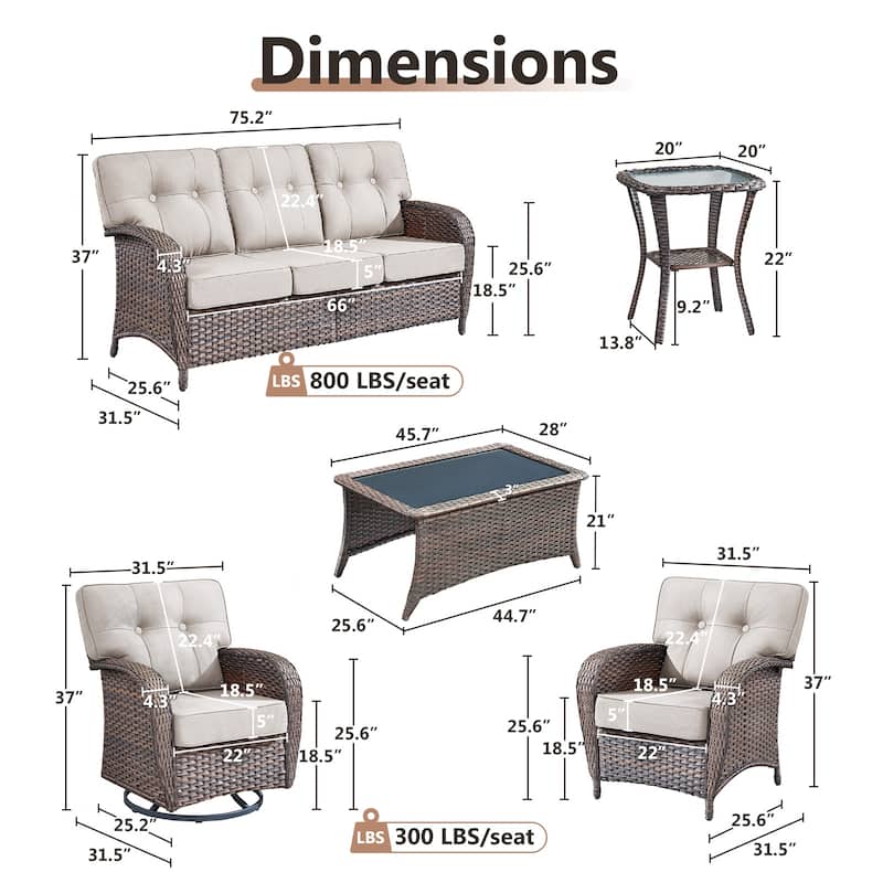 TWrap 7-Piece Patio Brown Wicker Sofa Conversation Set with 5-Inch Thick Cushions