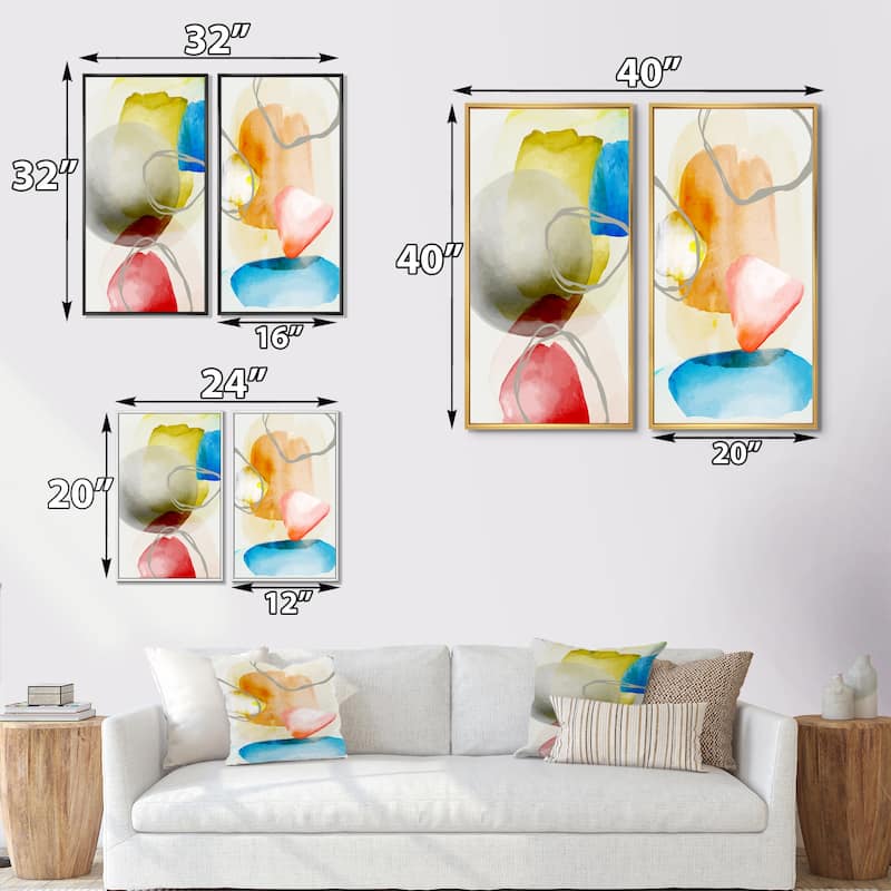 Designart "Trendy Abstracts With Colorful Shapes VI" Abstract Framed Art Set of 2 Pieces