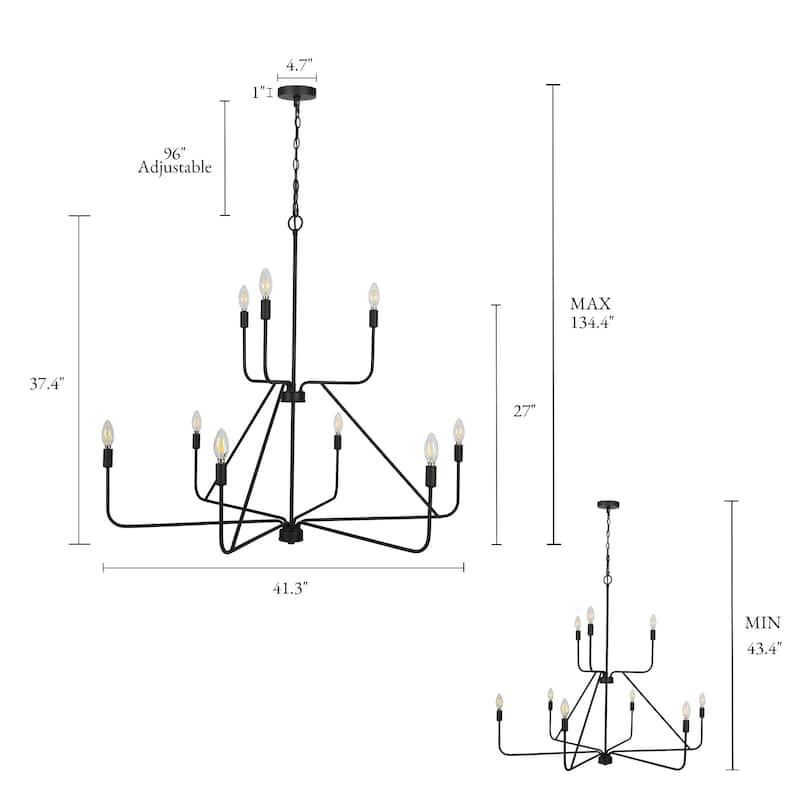 Oriea Modern Farmhouse Black 9-Light Chandelier 41.3 IN. 2-Tier Wheel Candle Ceiling Light - D41.3" x H37.4"
