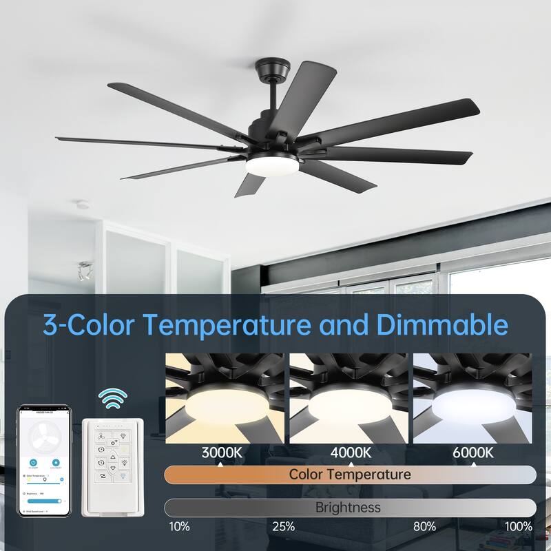 52 Inch/66 Inch/72 Inch Modern Ceiling Fan with Dimmable LED Light ,Remote&APP Control,8 Blades for Large Living Room,Porch