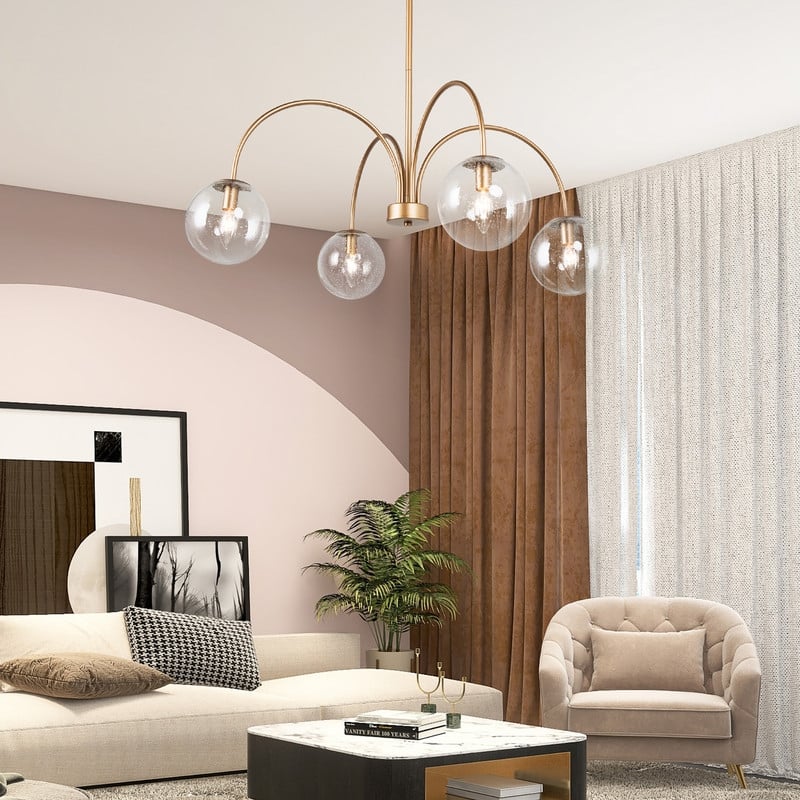 Koini Modern Gold Wheel Chandelier Curved Arms Seeded Glass Adjustable for Dining/ Living Room - Matte Gold - D33" x H79.5"
