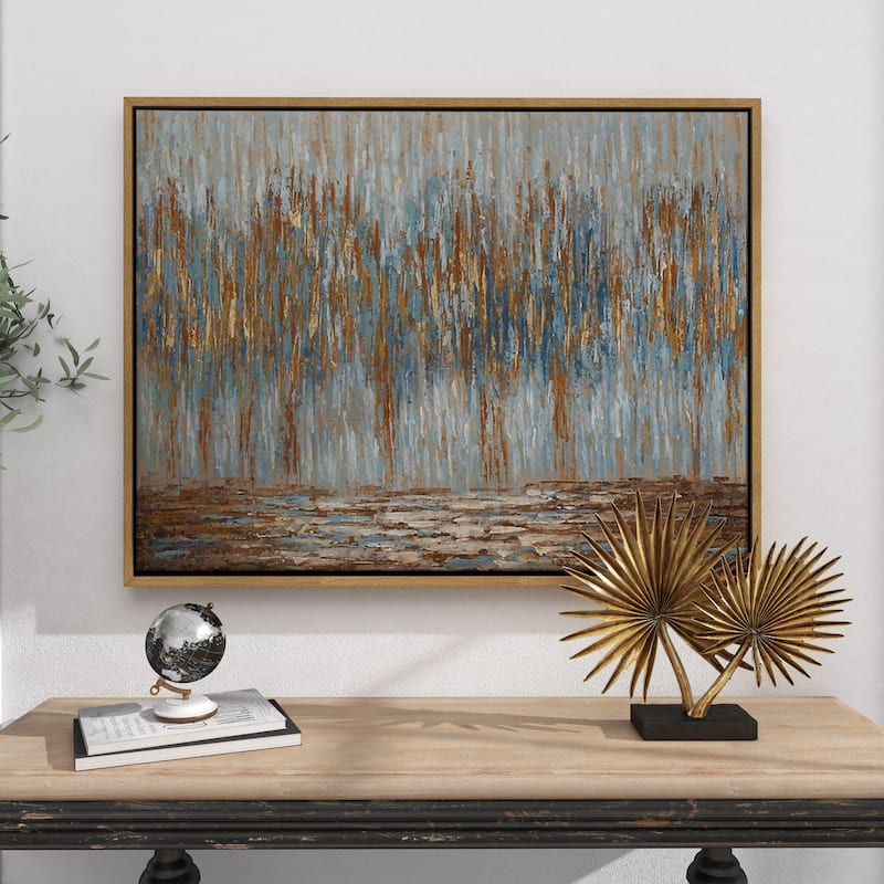 Canvas Tree Abstract Framed Wall Art with Gold and Copper Accents - Blue - Roche River Decor