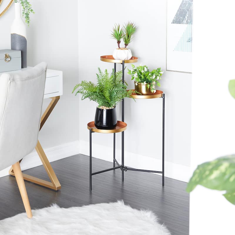White, Orange or Blue Metal Foldable 3 Tier Plantstand with Enameled Interior - 22 x 18 x 32 - Orange