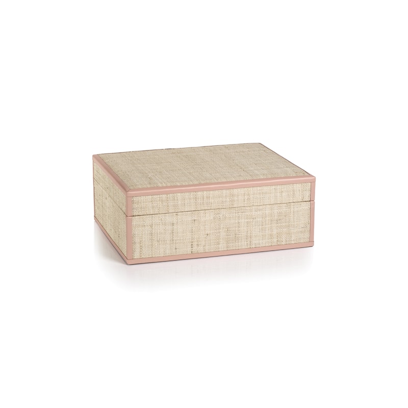 Reggio Natural Fiber Raffia Decorative Box - Large - Pink Leather Trim