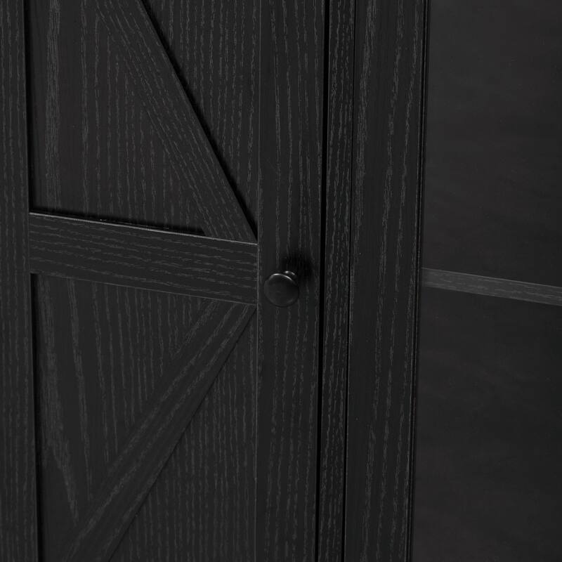 53'' Rolling Farmhouse Kitchen Island - Two Glass Cabinet Doors with Power Outlet