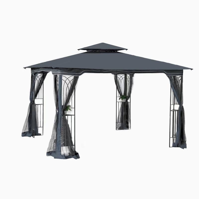10x10 Outdoor Gazebo with Double Roof, Mosquito Net, and Durable Steel Frame for Garden and Backyard - Grey