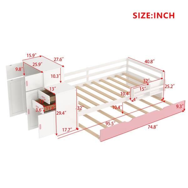 dimension image slide 2 of 3, Twin Size Wood Platform Bed with Sample Bookshelf and Movable Wardrobe, Multifunctional Bed with Built-in Trundle Bed