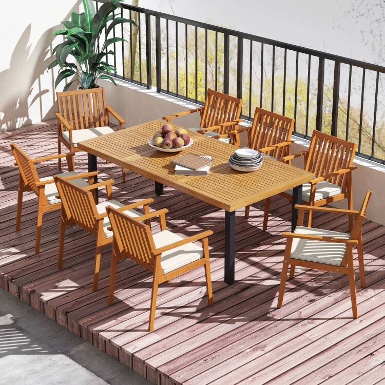 Natural Oak Acacia Wood Outdoor Dining Chairs Set of 2 with Cushions Set - 25" x 23" x 34" (L x W x H)