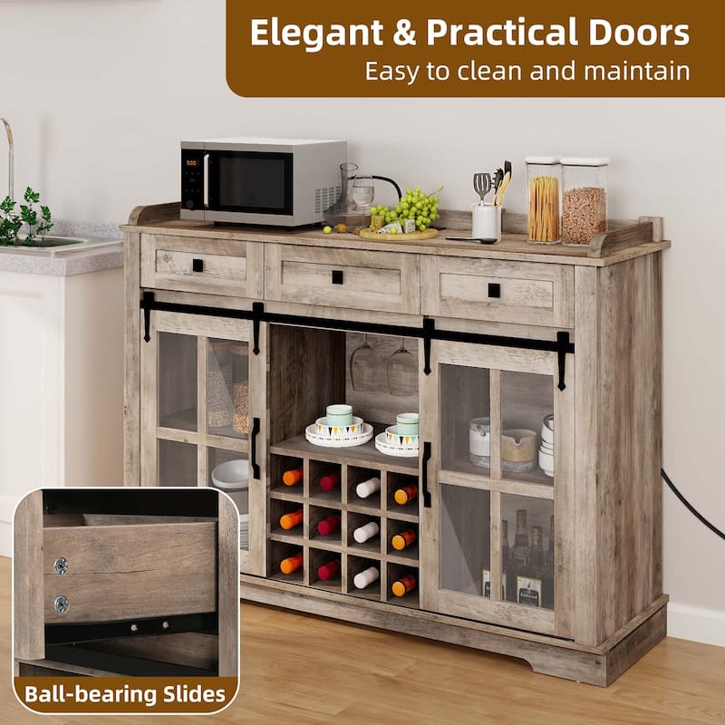 53" Barn Door Buffet Coffee Bar Cabinet with Wine Rack, Kitchen Sideboard Storage Cabinet