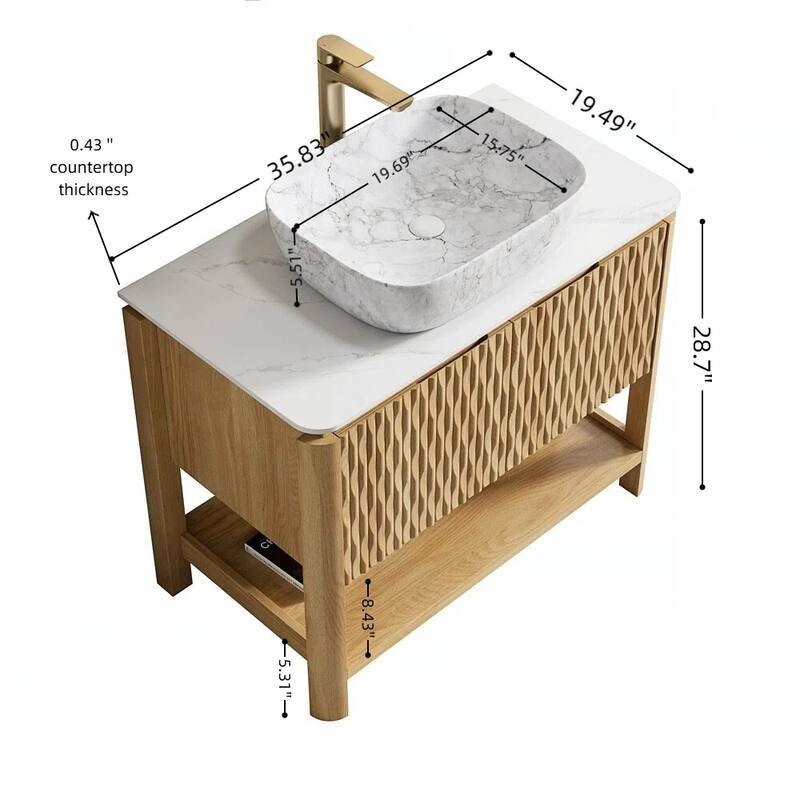 36" Bathroom Vanity with Stone Top & Ceramic Basin, 2-Door Plywood Cabinet in Woodgrain