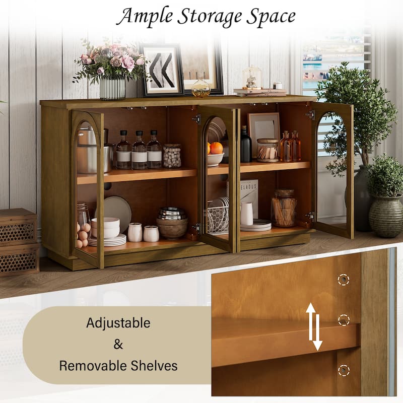 4-Door Large Storage Buffet Cabinet with Glass Doors, Adjustable Shelves and Arched Design for Kitchen, Dining Room
