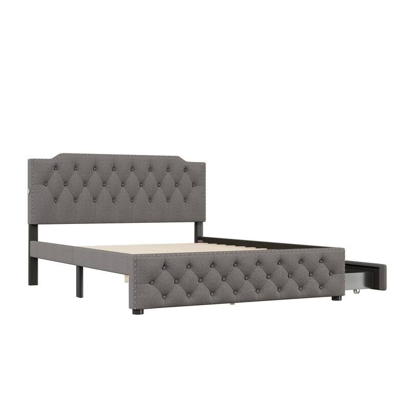 Queen Size Linen Fabric Upholstered Bed w/ 2 Drawers Storage Bed, 2 USB Ports on Platform Bed No Box Spring Needed Easy Assembly