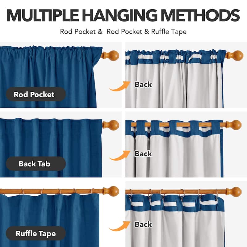 Living Room Curtains Back Tab Rod Pocket Faux Linen Blackout 2 Panels